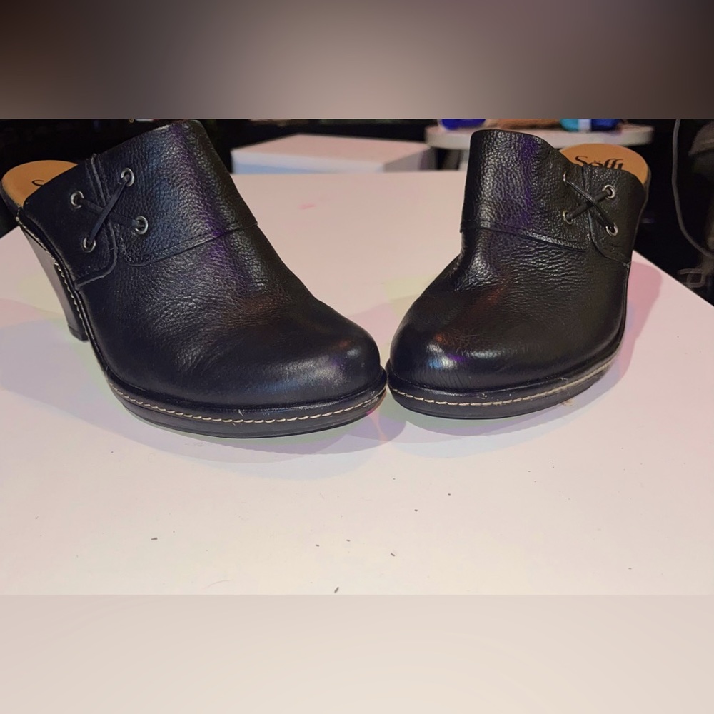 Black leather slip on clogs
